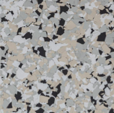 Cabin Fever epoxy flake blend — gray, cream and black chips on a neutral base
