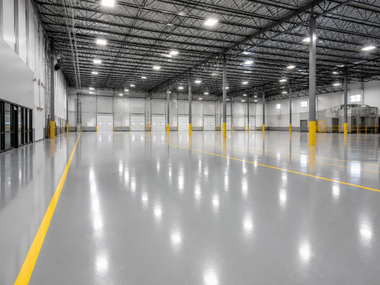 Commercial warehouse floor with a seamless light gray epoxy coating